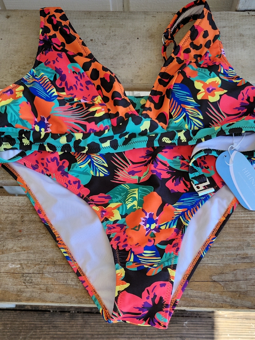 Tropical Floral High-Waist Bikini Set in Neon Orange & Multi Color